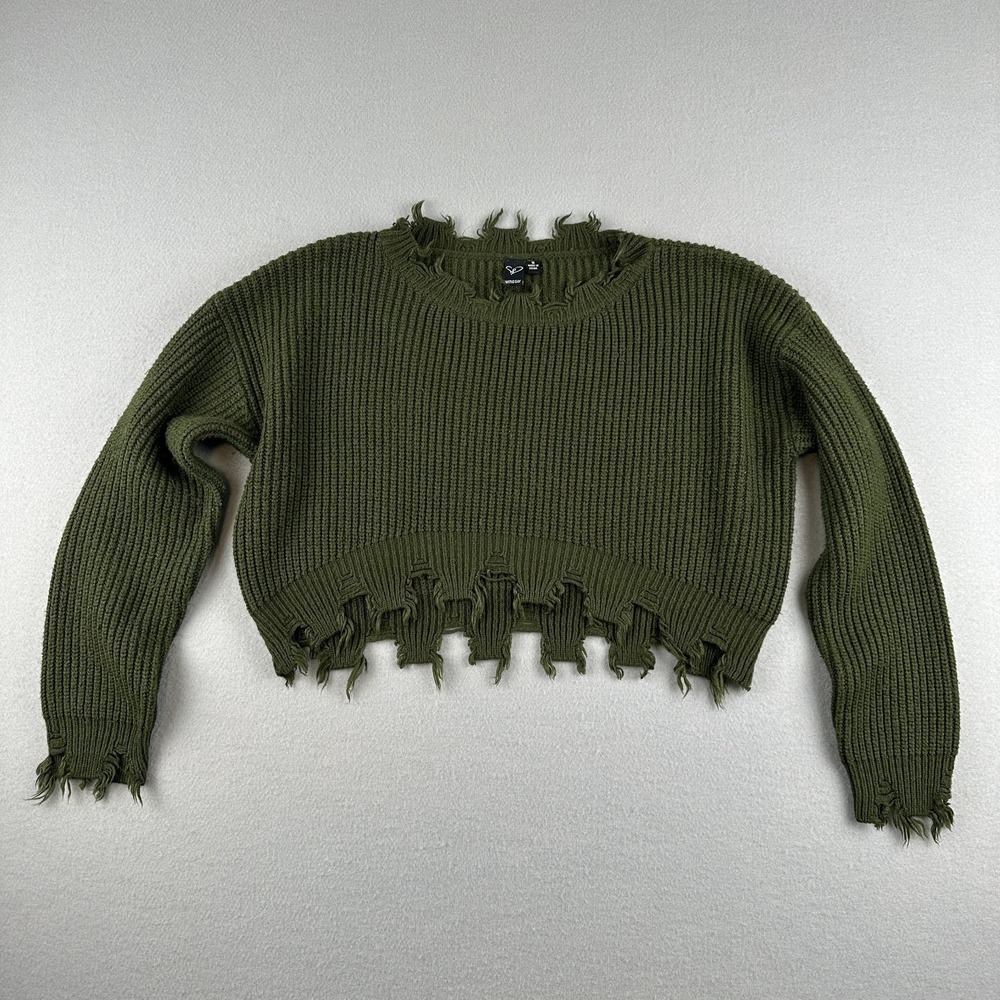 Windsor Women's Green Stylishly Distressed Cropped Pullover Sweater Size S Small